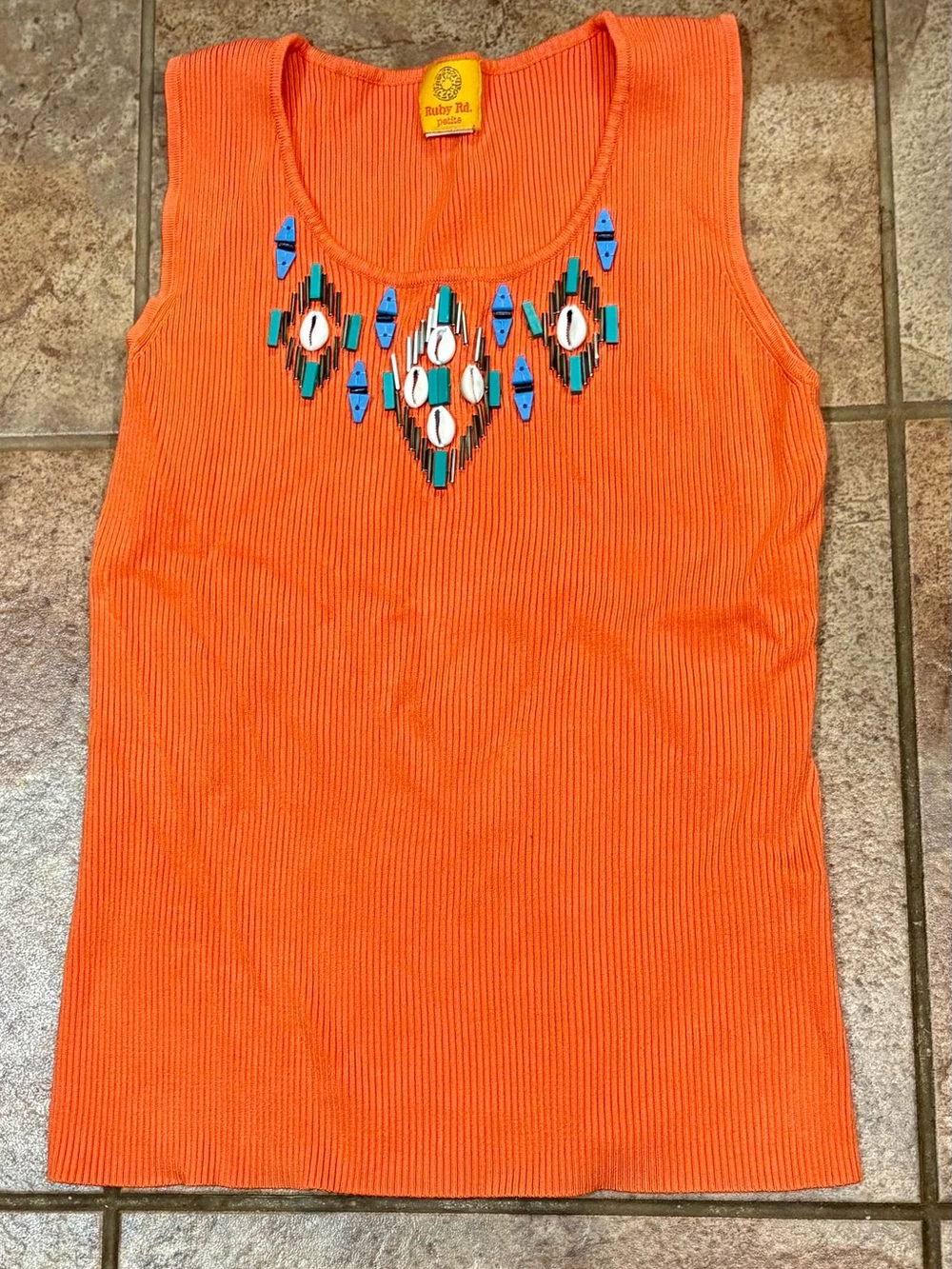 Ruby Rd. Coral Ribbed Tank Top w Blue Green & White Bead & Seashell Accents-PXL